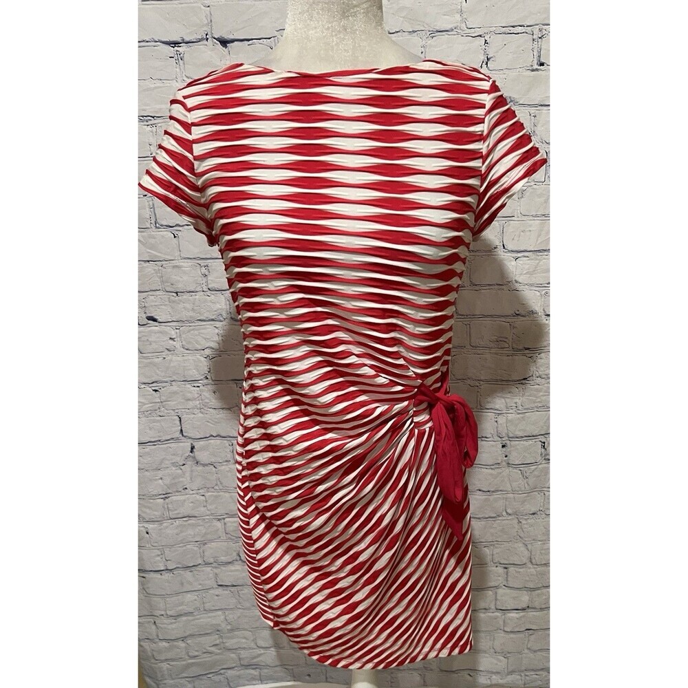 Shelby & Palmer Sheath Dress Pink & White Stripe Tie Ruched Waist Size Medium